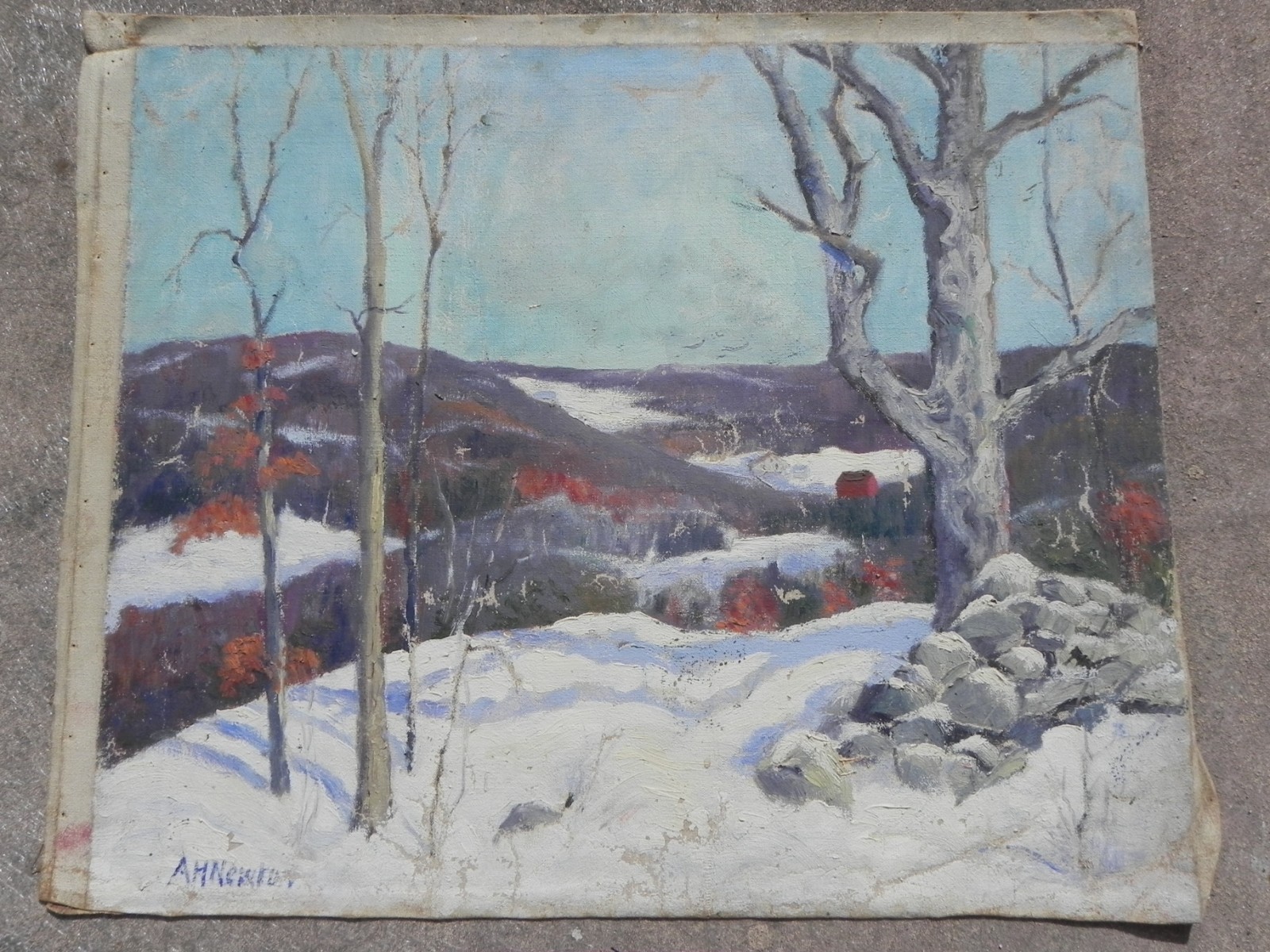 Pair old Connecticut impressionist landscape paintings signed Allen Newton 1927
