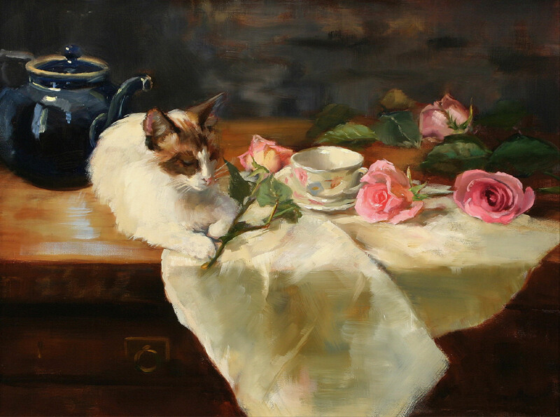Art Canvas Giclee print Cat and Roses oil painting HD printed on canvas