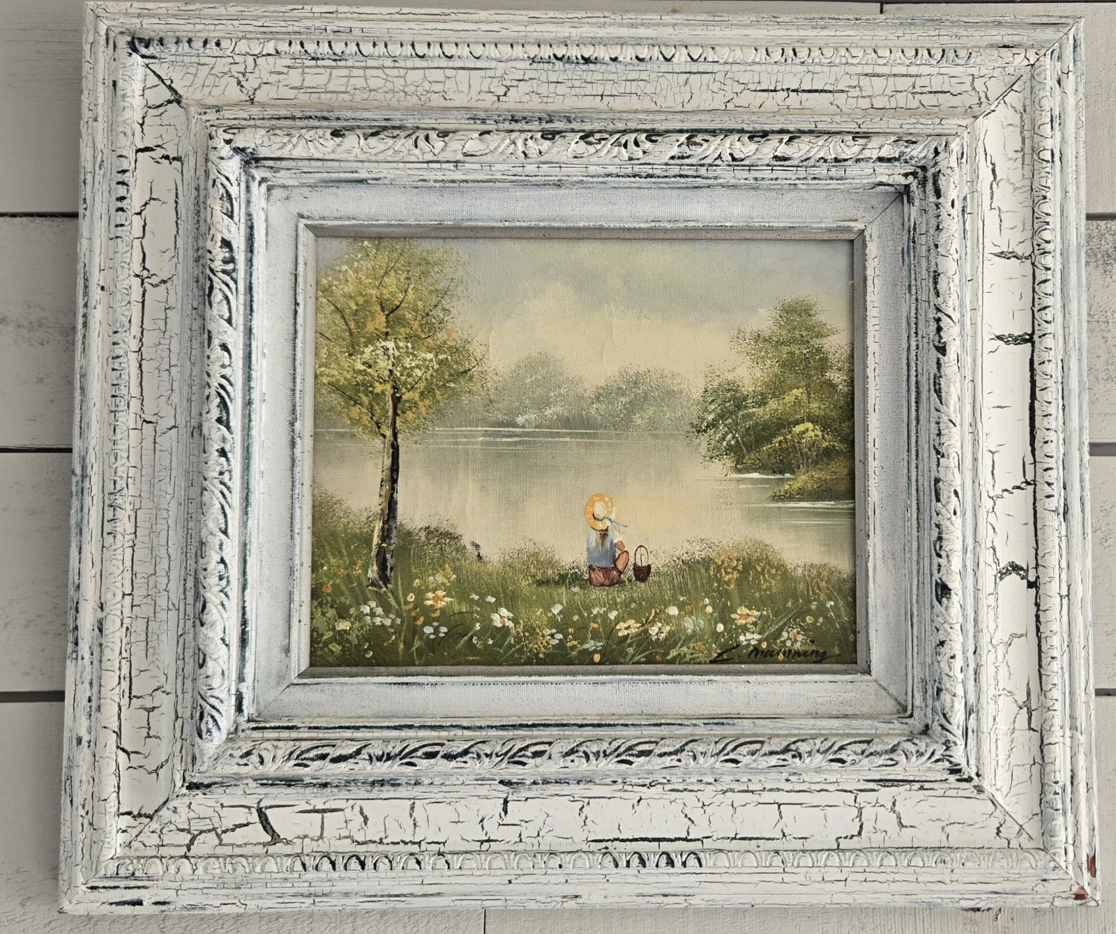 Vtg Primitive Farmhouse C. Manning Original Oil Painting Girl Field of Flowers