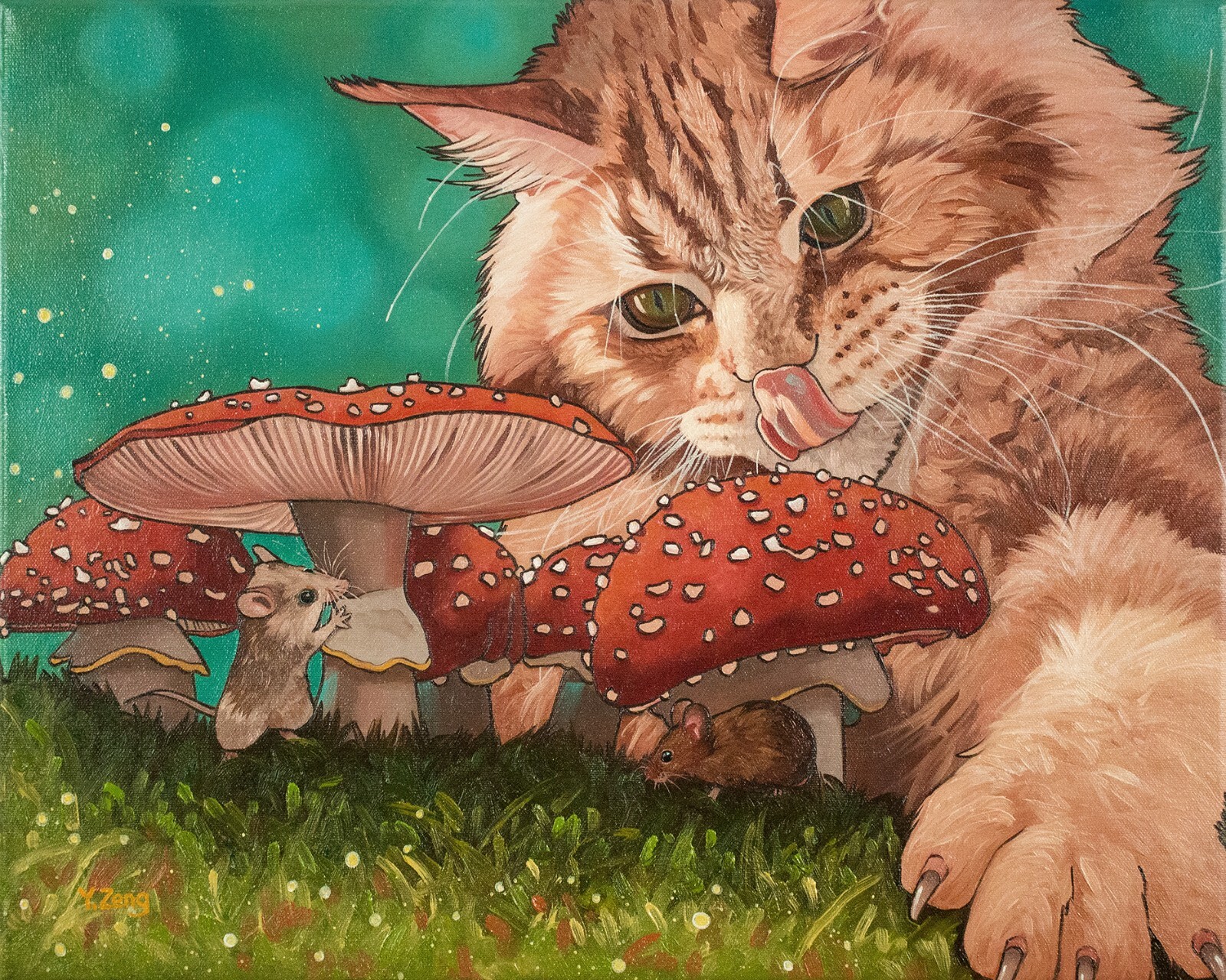Mushrooms shelter, cat and mice, Original fantasy artwork oil painting, 16»x20″