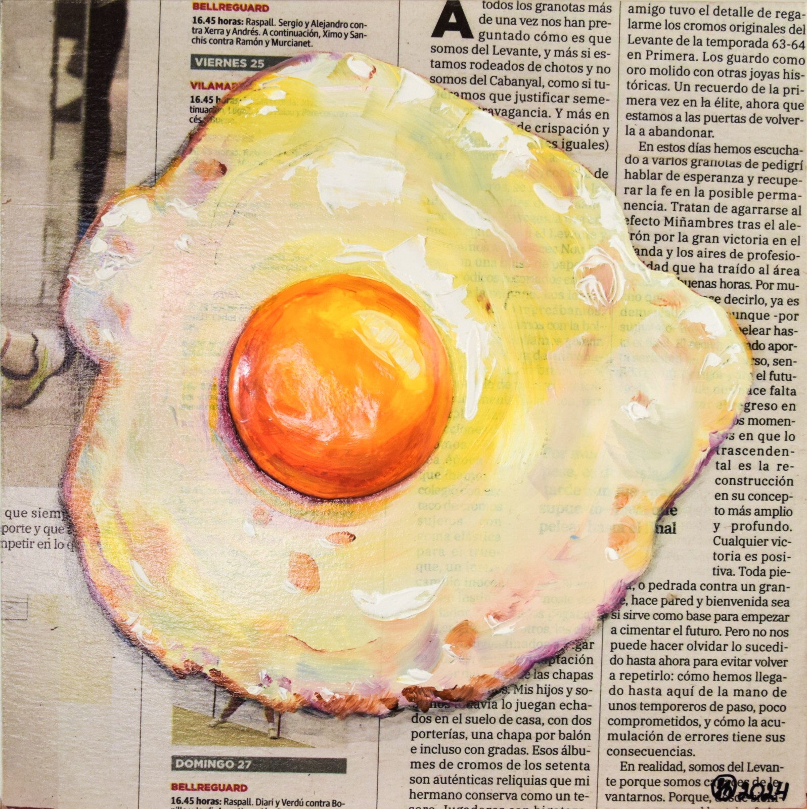 oil paintings original Fried Egg Painting Newspaper Art 3D Original