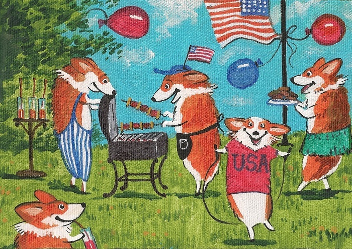 5X7 FOLK ART PRINT OF PAINTING PEMBROKE WELSH CORGI RYTA 4th OF JULY PATRIOTIC