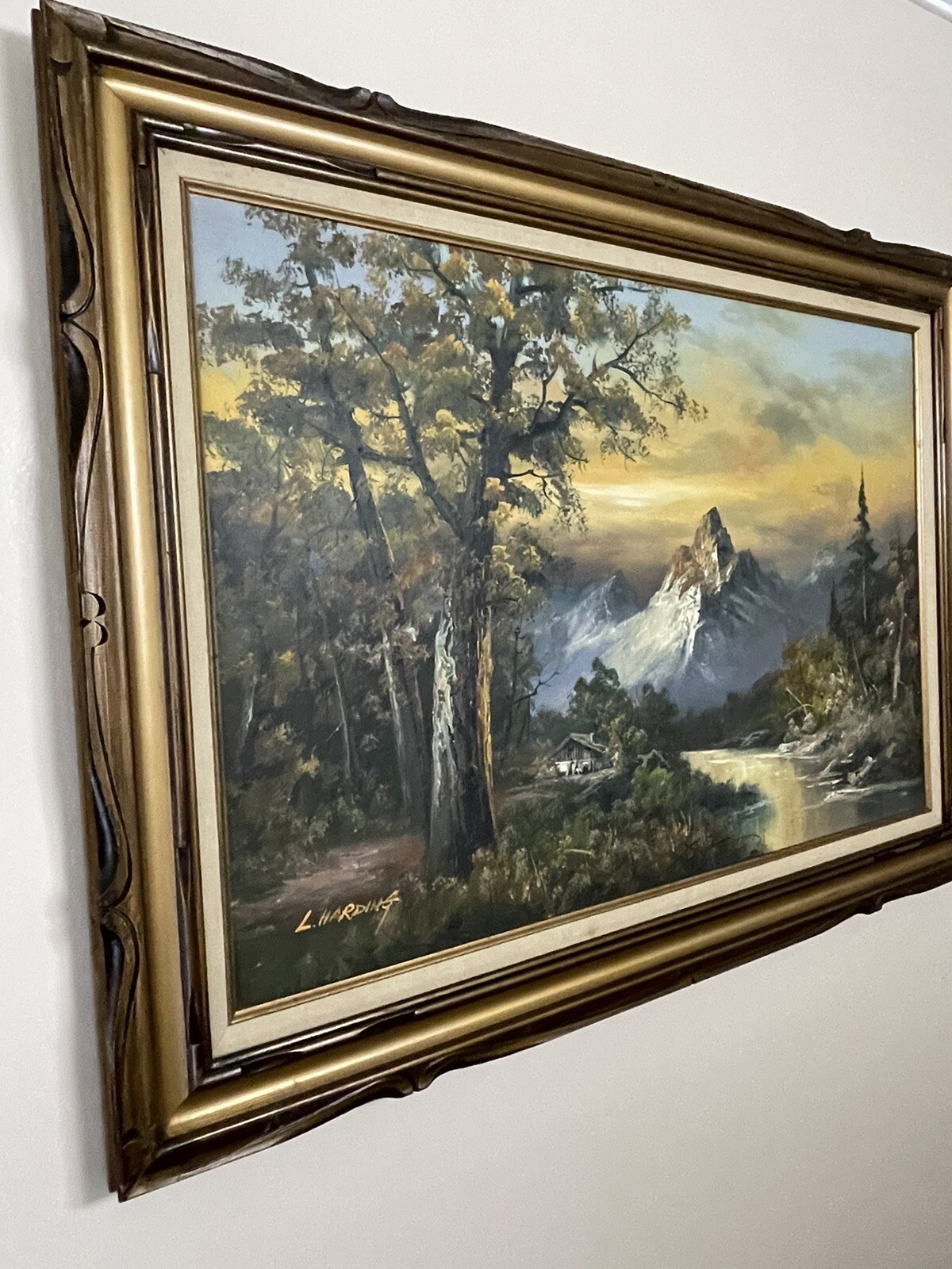 L HARDING PAINTING ON CANVAS / LANDSCAPE MOUNTAINS WATERFALL SIGNED FRAMED