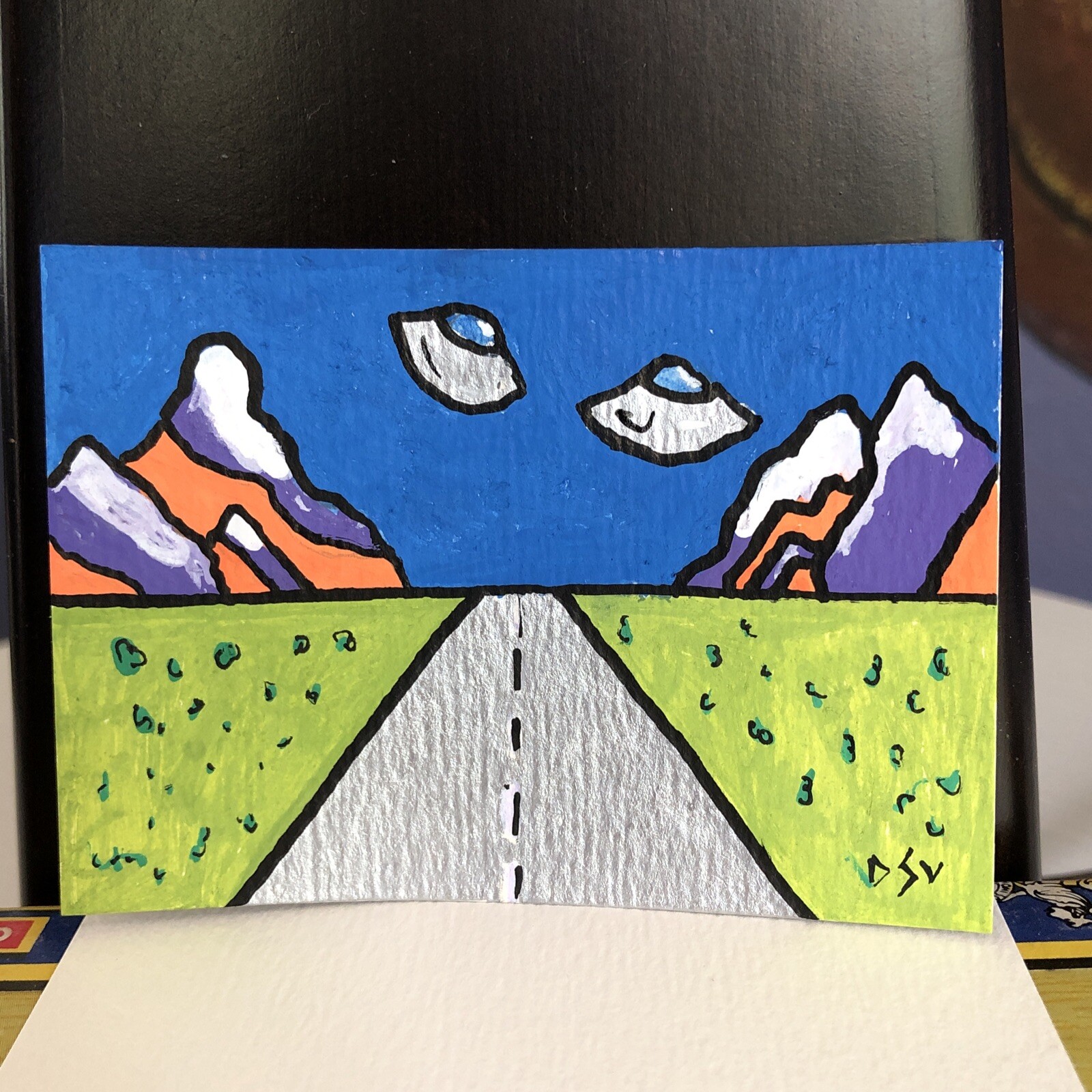 ACEO Original Painting UFO Space Surreal Contemporary Sci Fi Outsider Art DSV