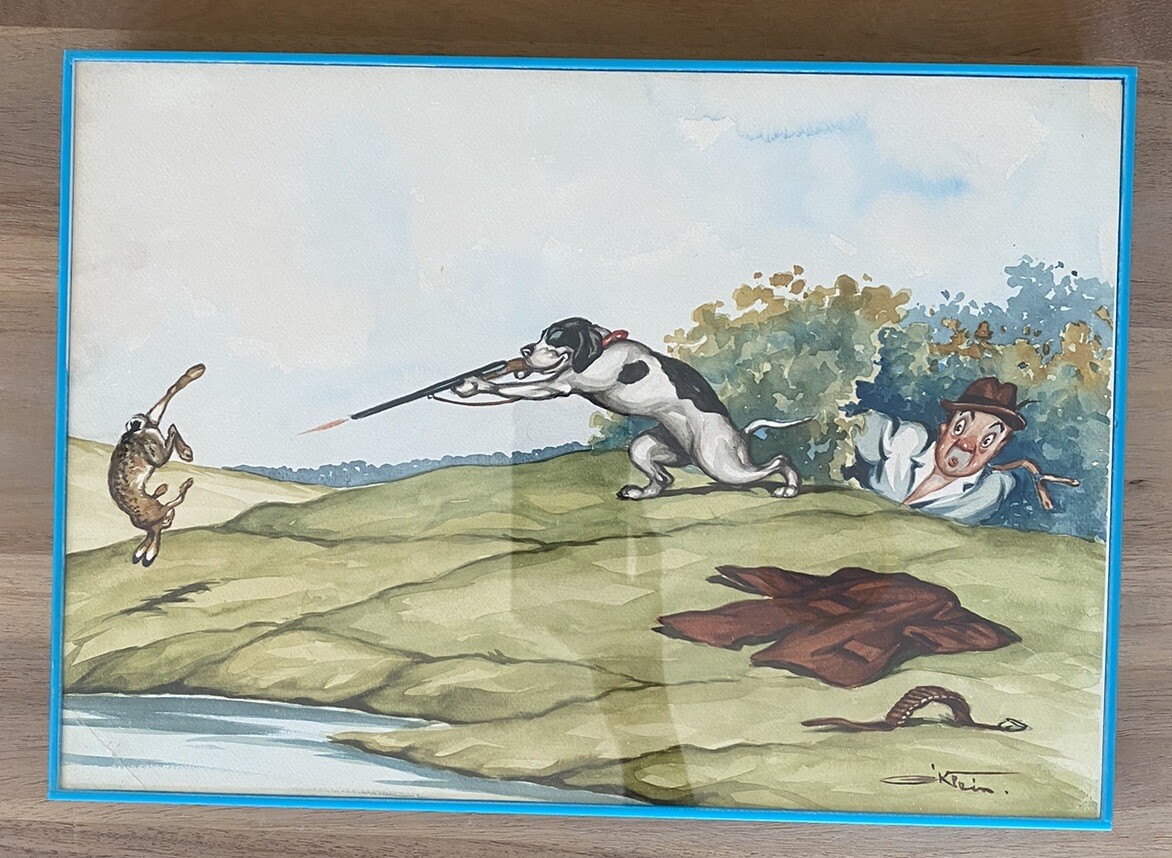 Boris O’Klein – Original Watercolor Painting Signed – Comedy Man w/Dog & Rabbit