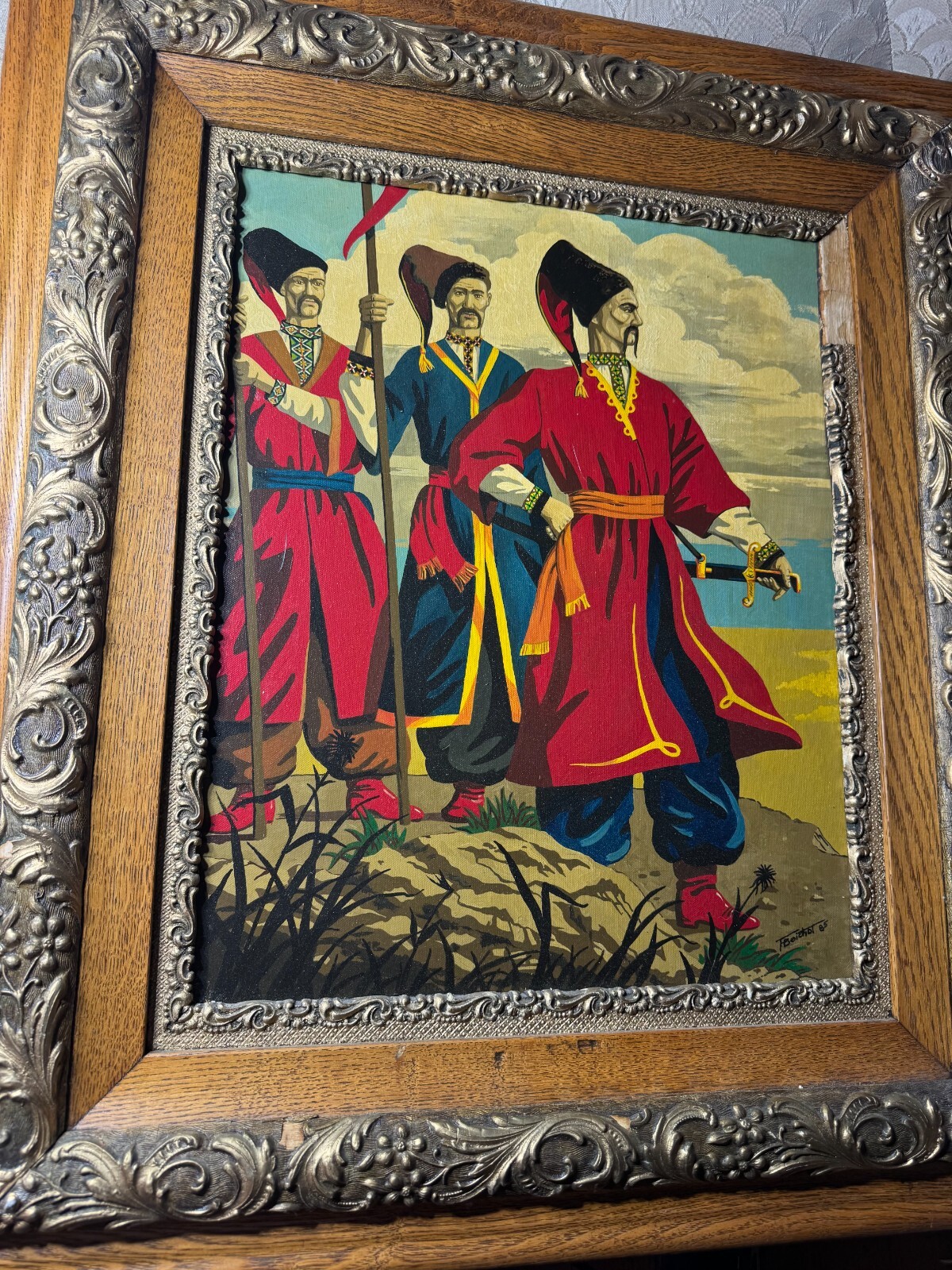F Beichot? 1985 «Three Russian Men Scene» Oil Painting – Signed And Framed