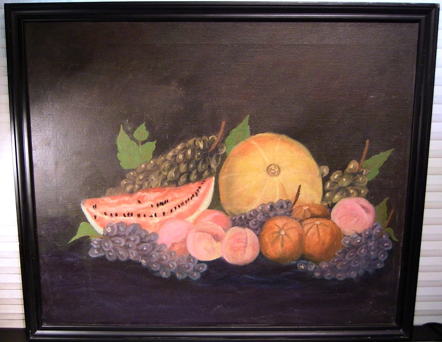 Vtg Primitive Oil Painting Still Life Fruit Grapes Peaches