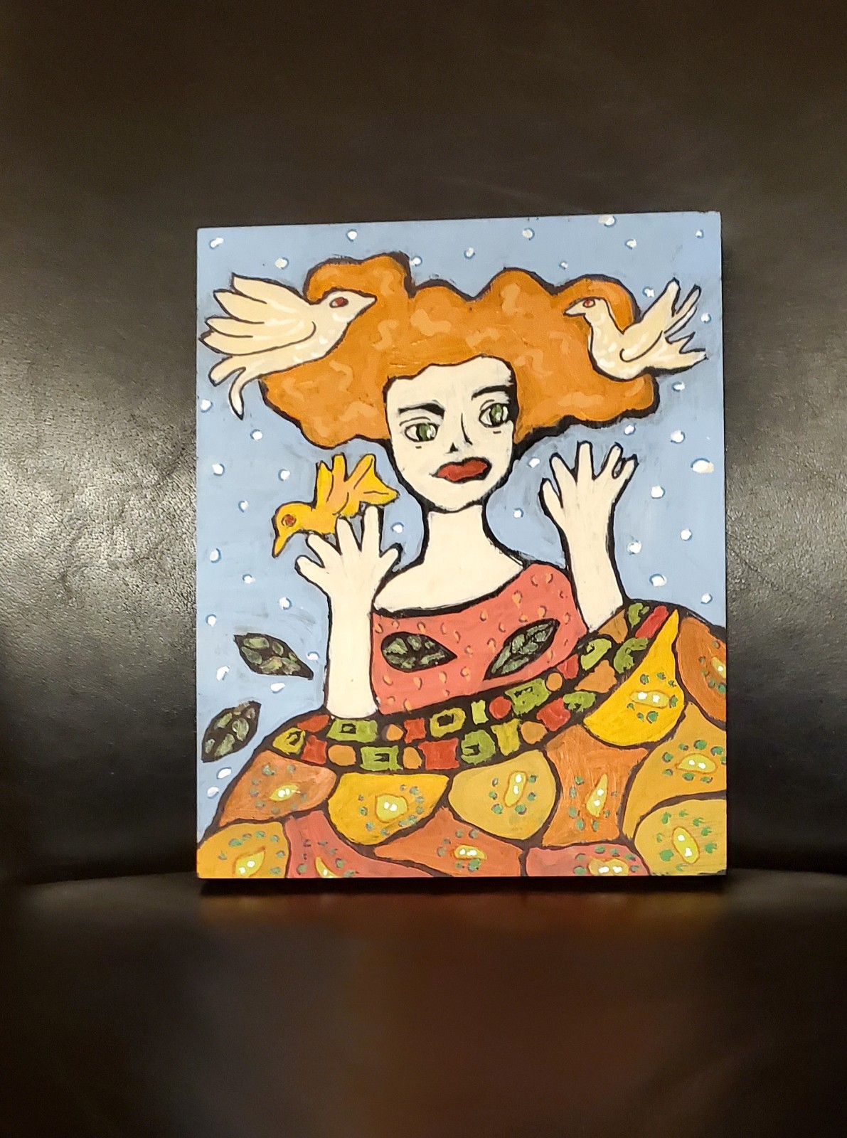 Original Painting Of Red Haired Girl With Birds…Vintage Folk Art