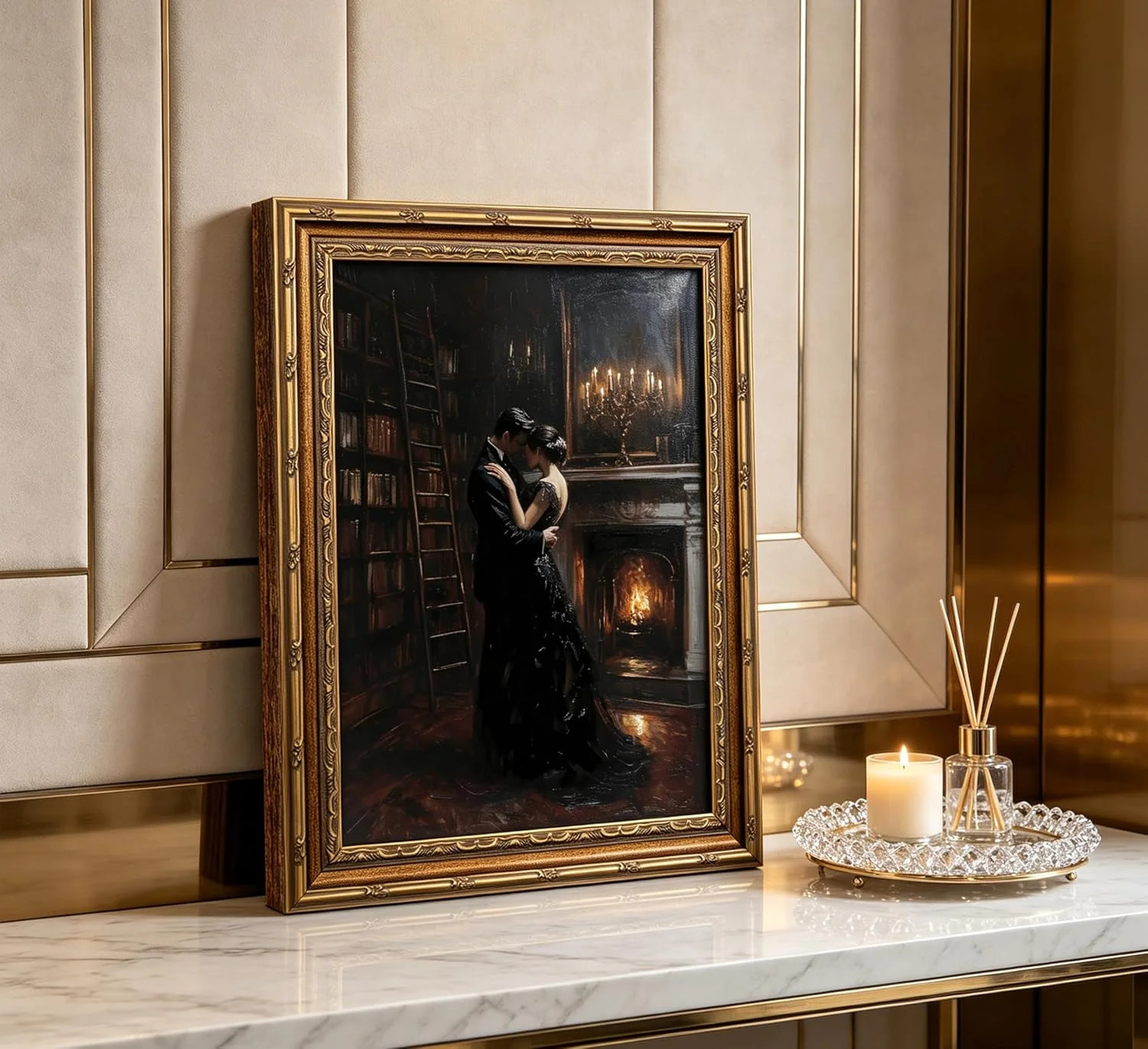 Vintage Gold Framed Gothic Wall Art, Victorian Romantic Couple Dancing Painting