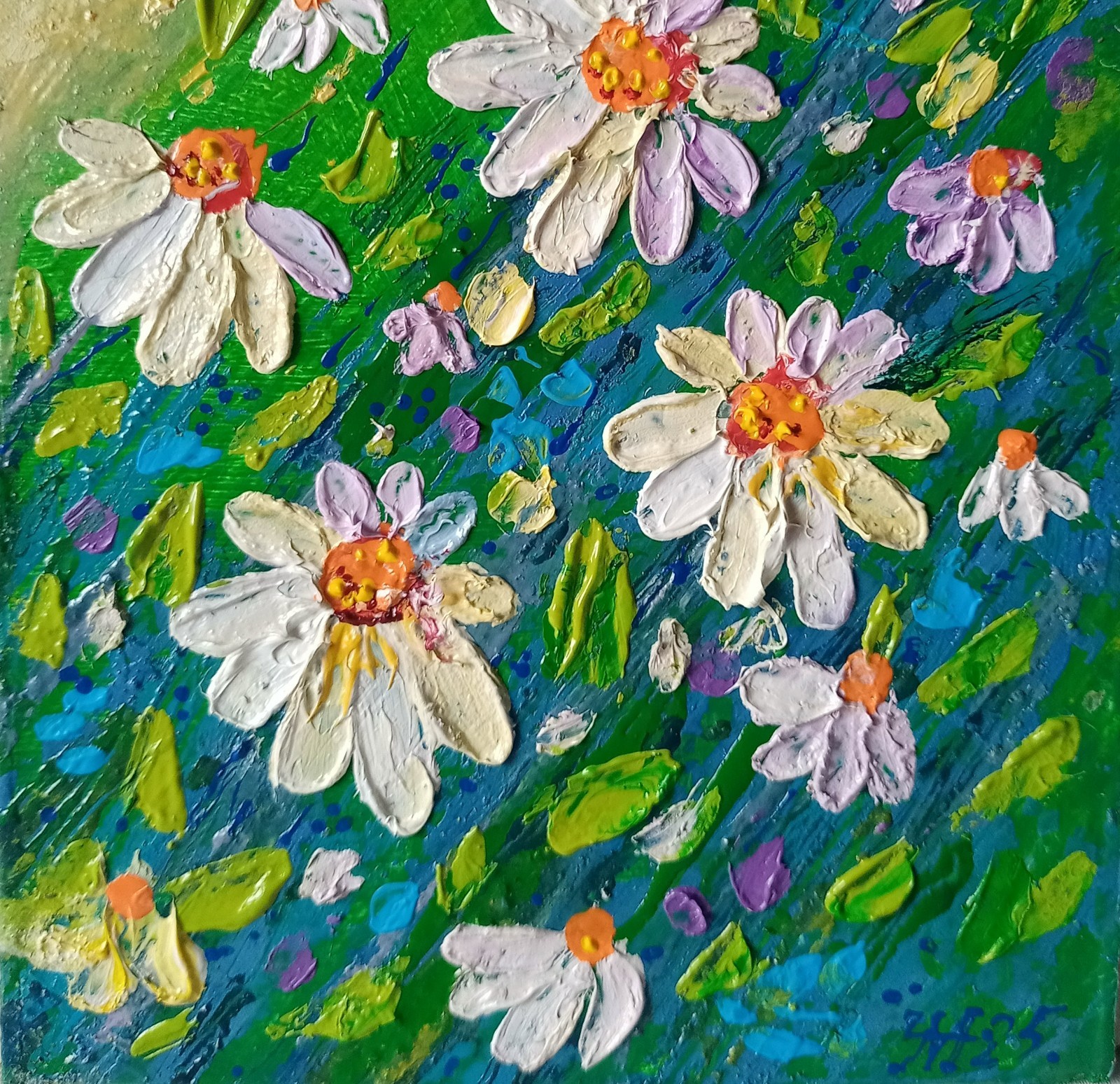 Chamomile Impasto Painting Original Art Impression Oil Painting 7 x 5 in