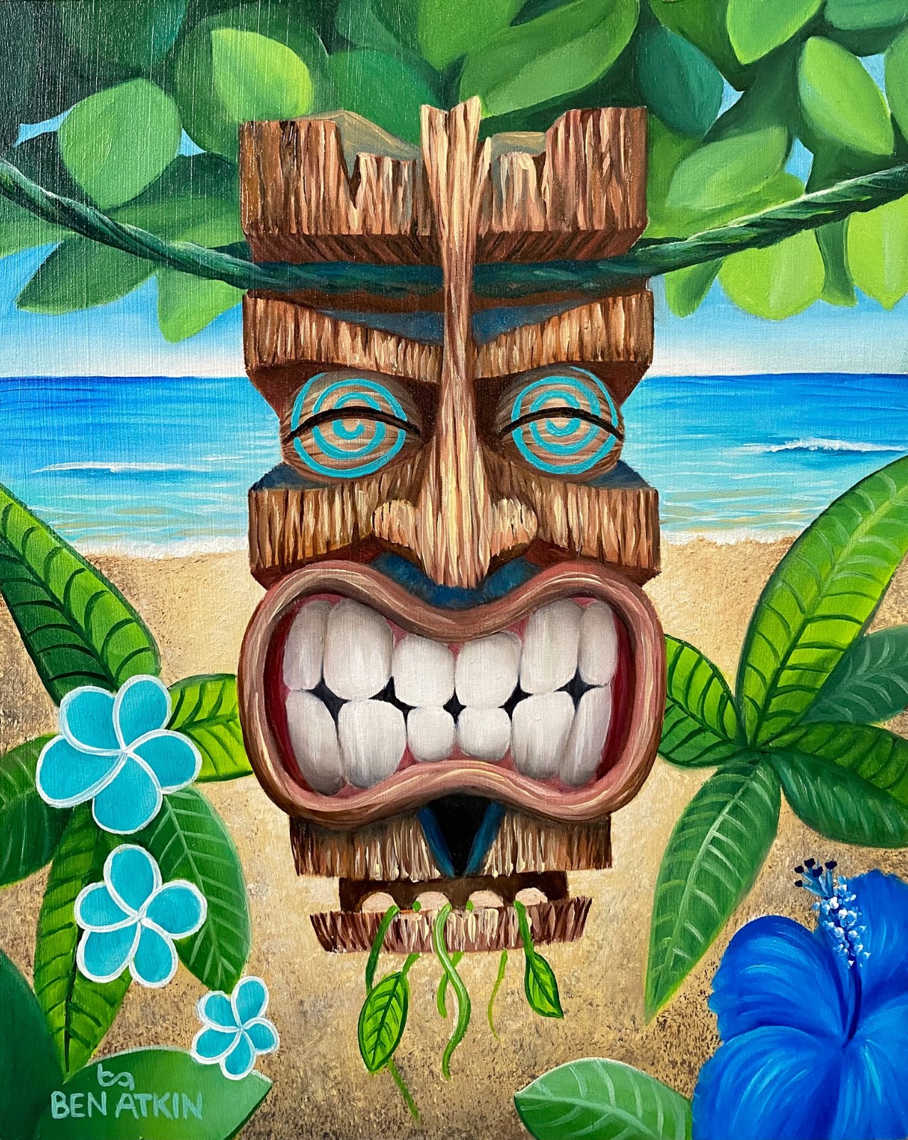 Tiki Painting Original Oil on Panel 8×10″ Blue Flower Beach Tiki – Framed 12×13″