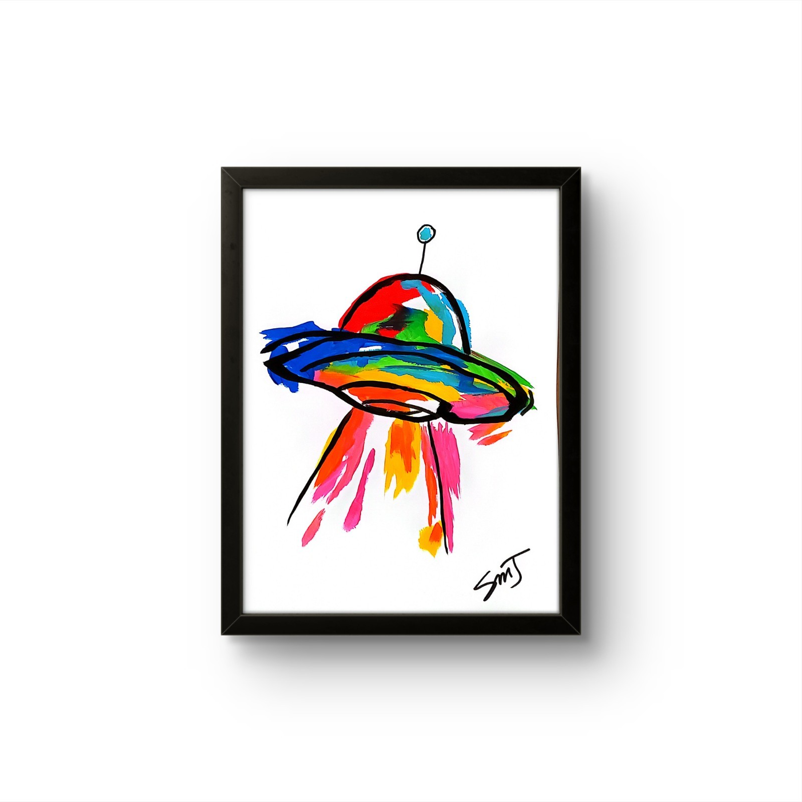 JULIEN Original FRAMED UFO BLAST OFF 9×12 Abstract Expressionist Painting PAPER