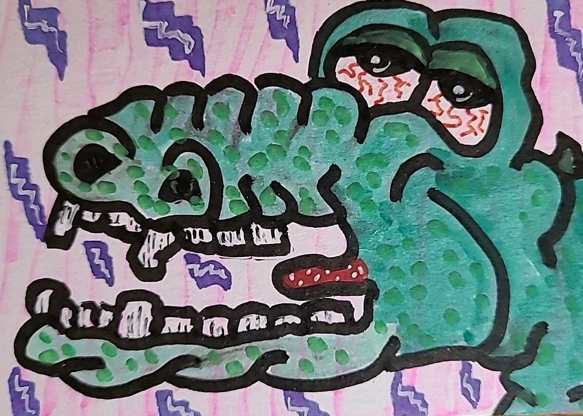 Alligator Stoned ACEO Painting Weed Crocodile Green Lizard Cartoon Animal Head