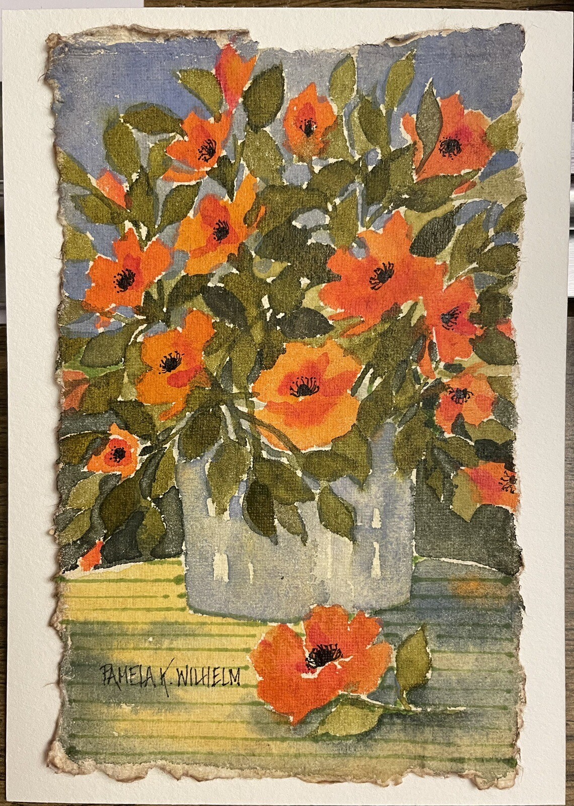 4X6” Mounted On 5×7” White Cotton Paper Pamela Wilhelm Watercolor Orange Floral