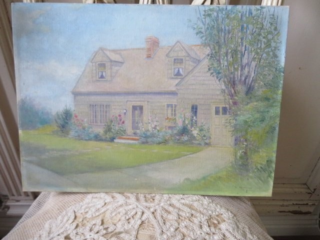 Old Vintage 1935 OIL PAINTING House Portrait Hollyhocks Tree Signed Soft Colors