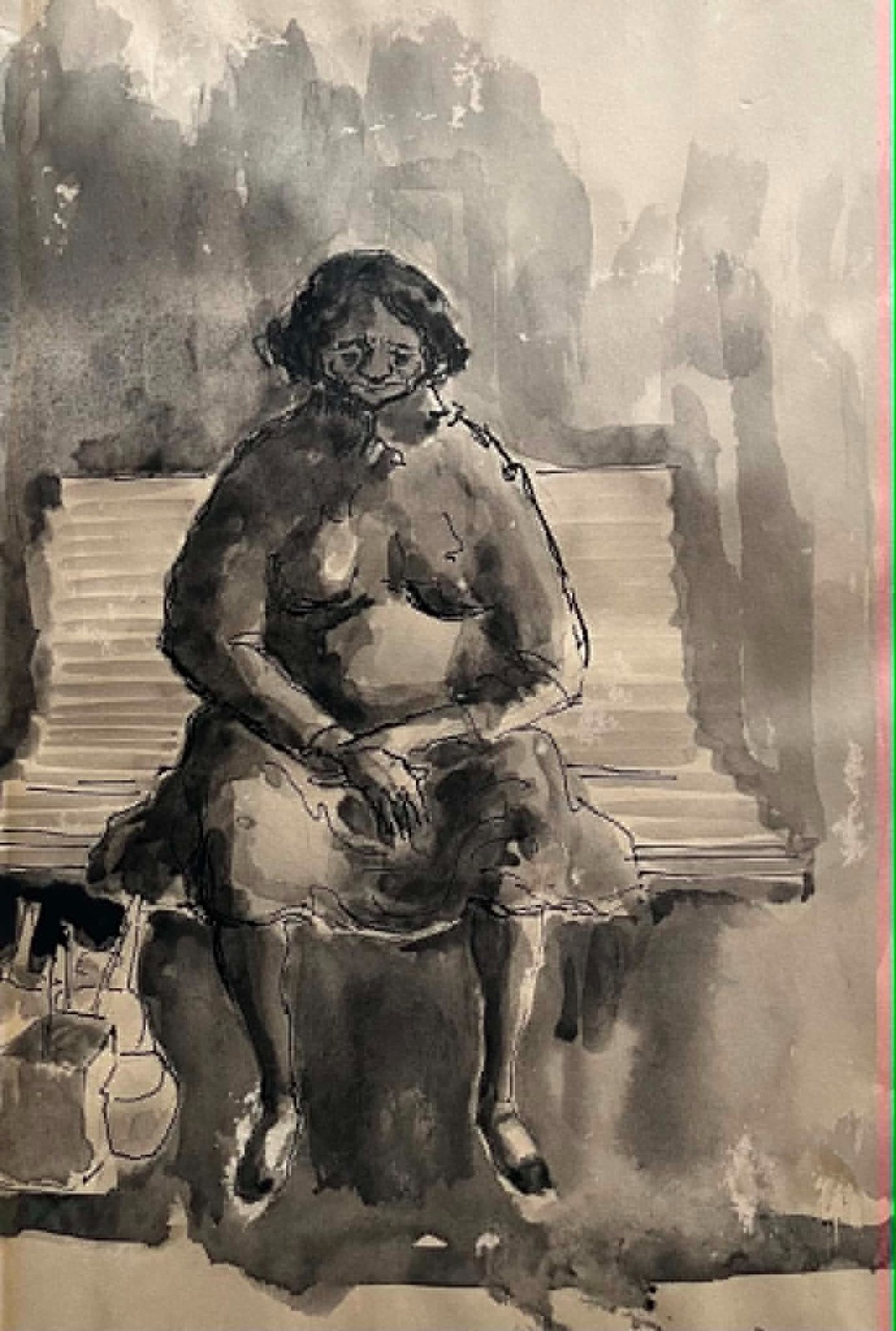 AUSTRALIAN SCHOOL INK AND WASH «ABORIGINAL WOMAN SITTING ON BENCH» C 1950