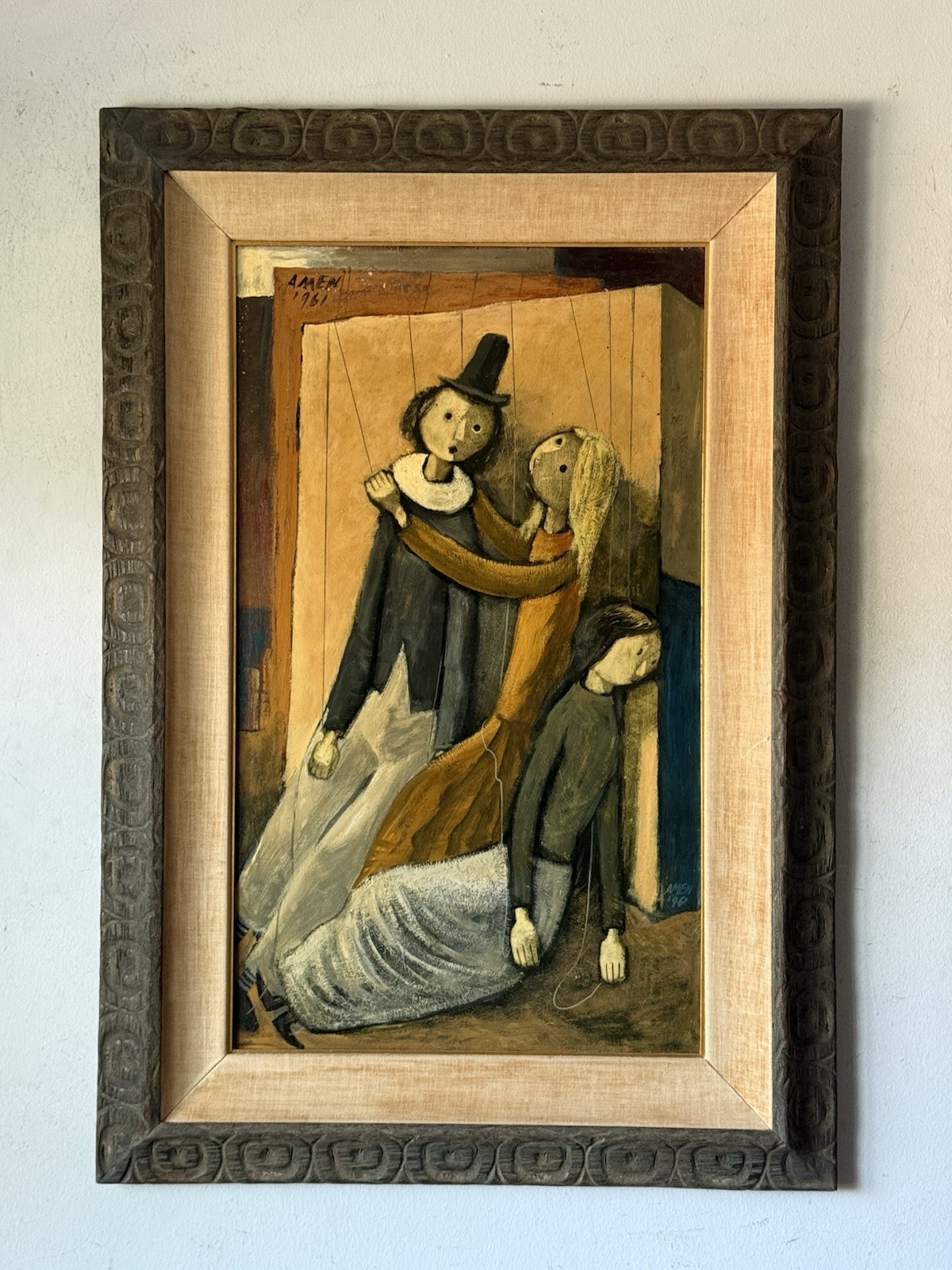 IRVING AMEN ANTIQUE MODERN ABSTRACT CUBISM OIL PAINTING OLD VINTAGE PUPPETS 1961