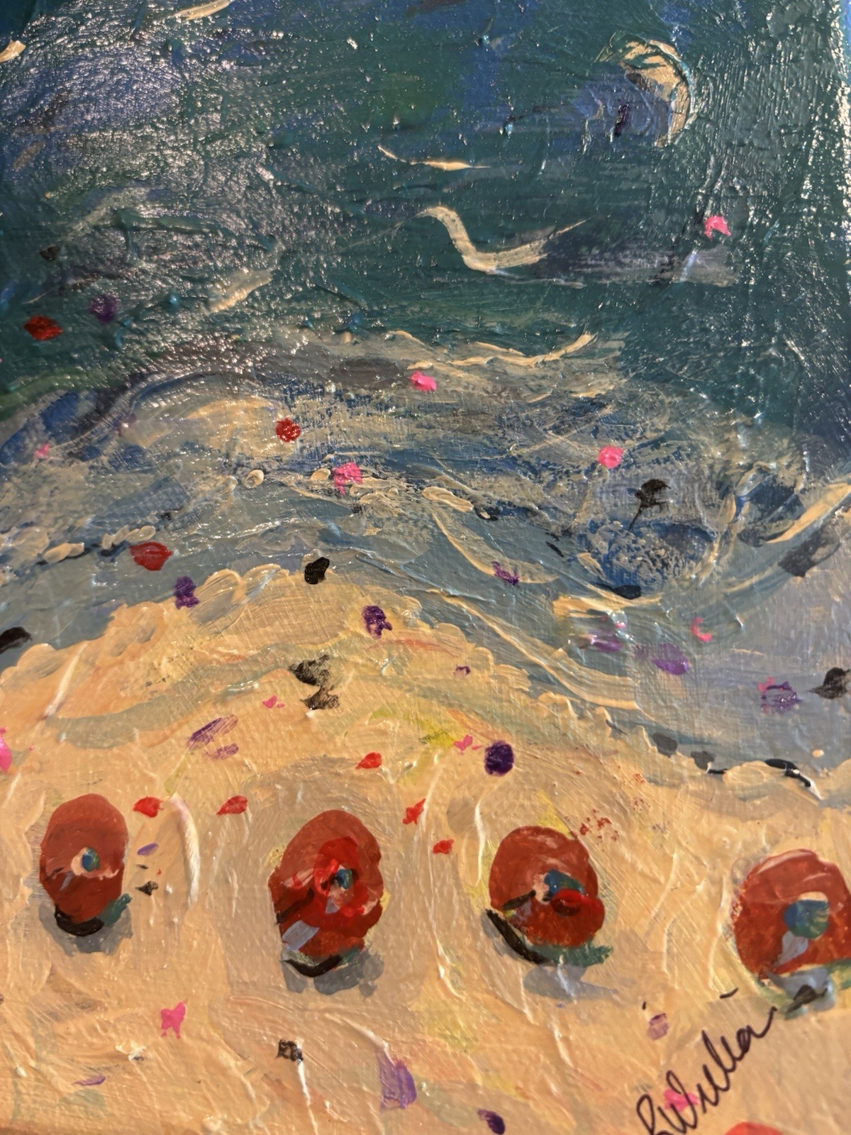 Umbrellas On Beach Landscape 8×10 Abstract Impression Original Fine Art Canvas
