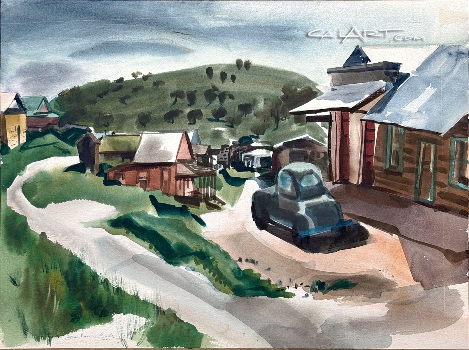 1951 CaLiFoRnia Watercolor Rural Cabins Vintage Car Hillside Female Regionalist