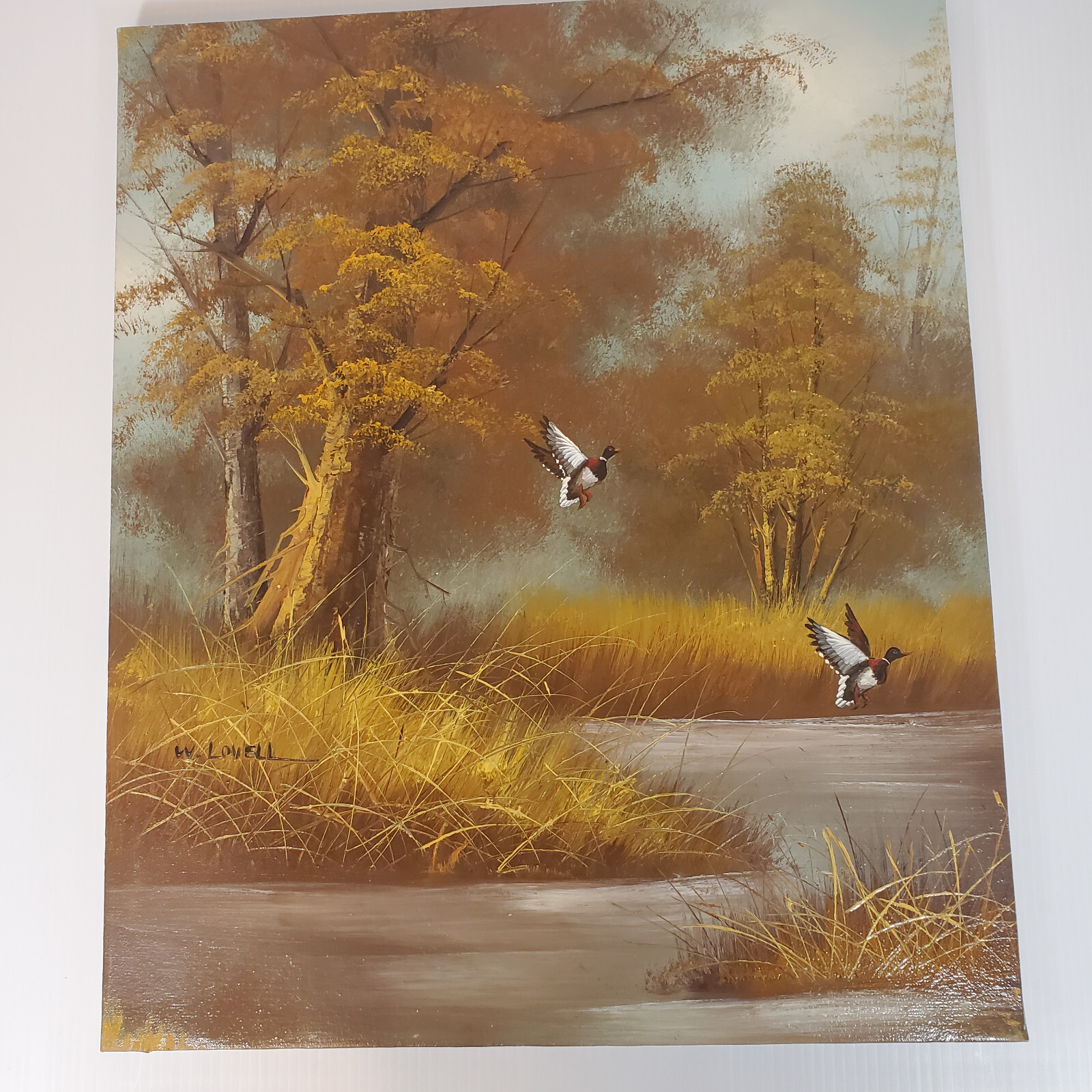 W. Lovell Signed Oil Canvas 24×20 Vtg Painting Ducks in Flight Landing Marsh