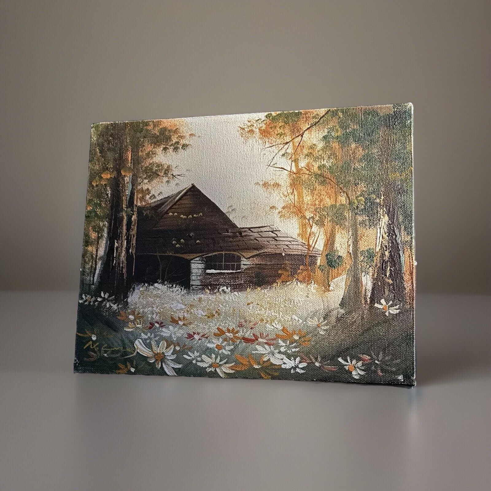 Vintage Signed Landscape Oil Painting Cabin In The Woods Unframed Small