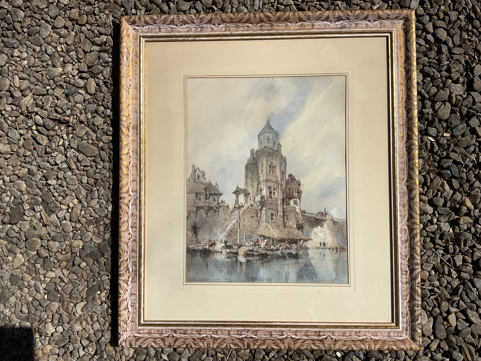 LISTED Paul Marny (1829-1914) Detailed Museum on River Old Watercolor Painting