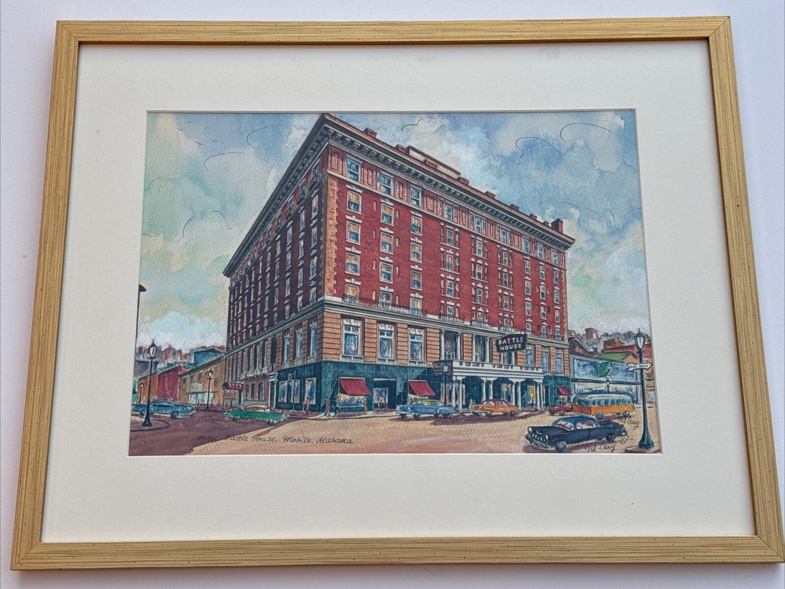 ANTIQUE WPA PAINTING AMERICAN REGIONALISM STREET SCENE HOTEL MOBILE ALABAMA LEWY