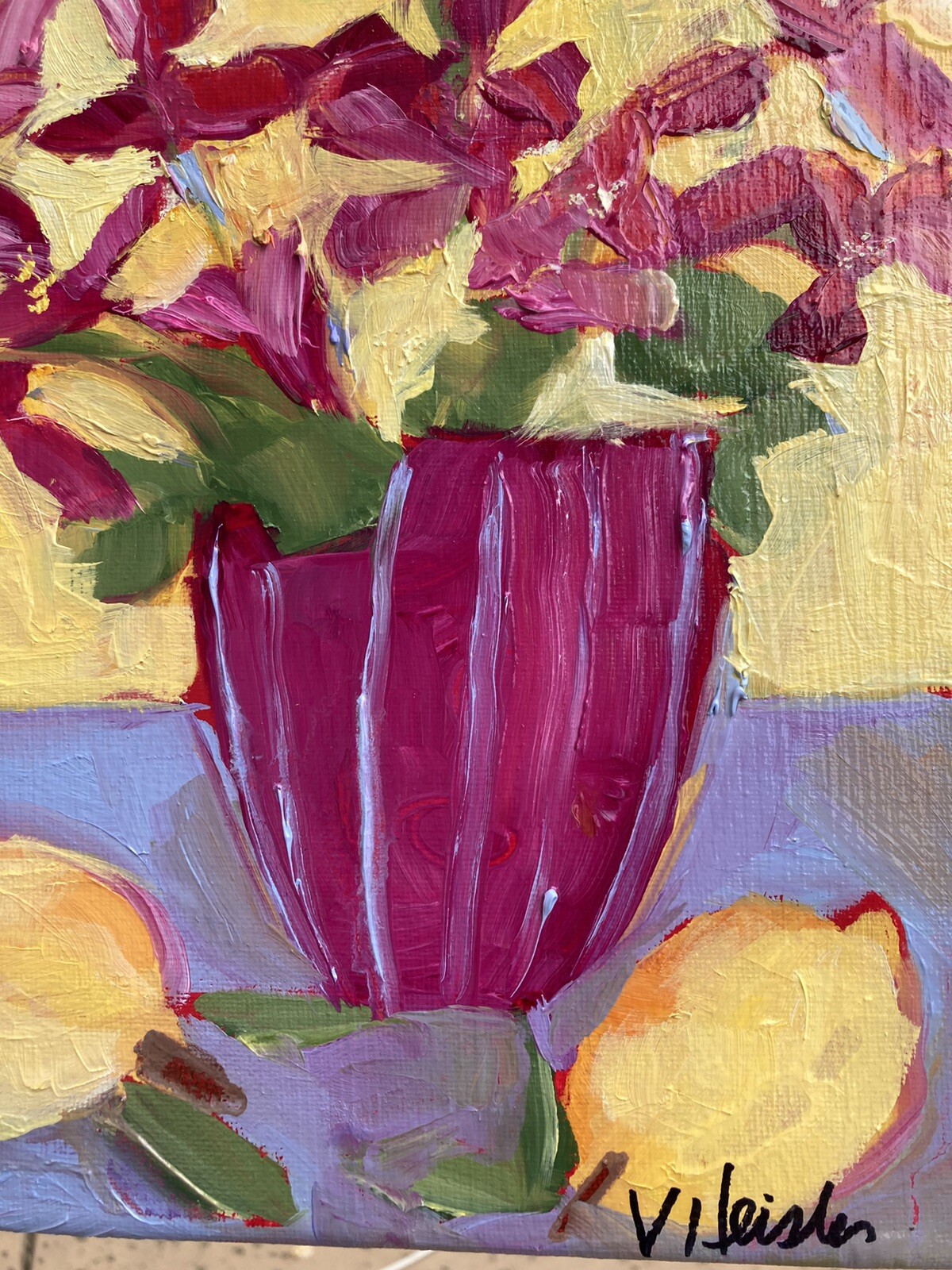 “Pink Flowers And LemonsOn Periwinkle “ AnOriginal Oil Painting 12”x9” On Canvas