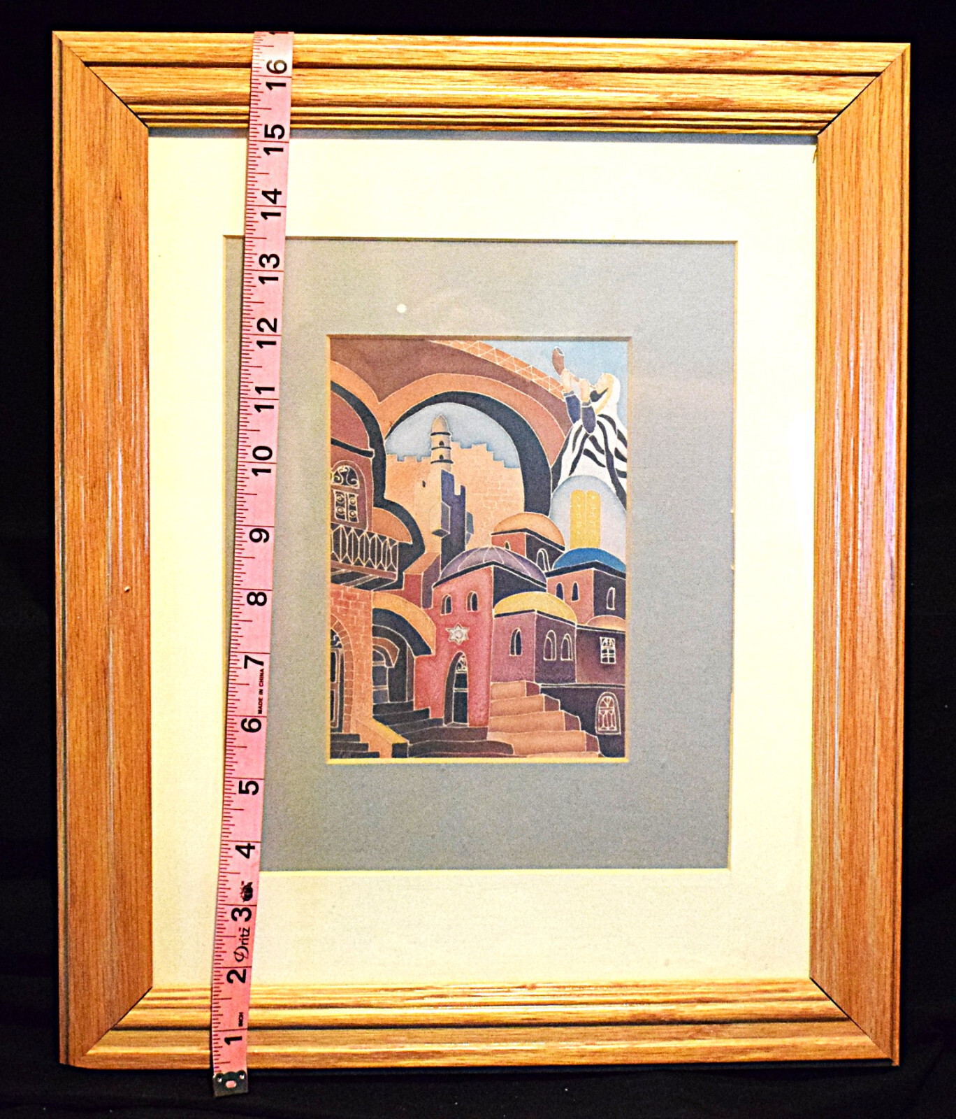 Israeli~Shofar~Jewish Art~Hand Colored~Artist Avi~ Frame~ 13.5″ x 16.5″ x 1″
