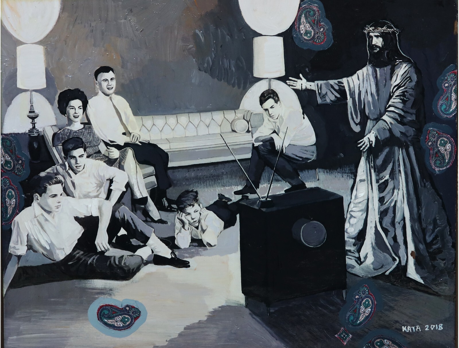‘The T.V. Watchers & Jesus’ Jesus Christ art by KATA BILLUPS (celeb. collectors)