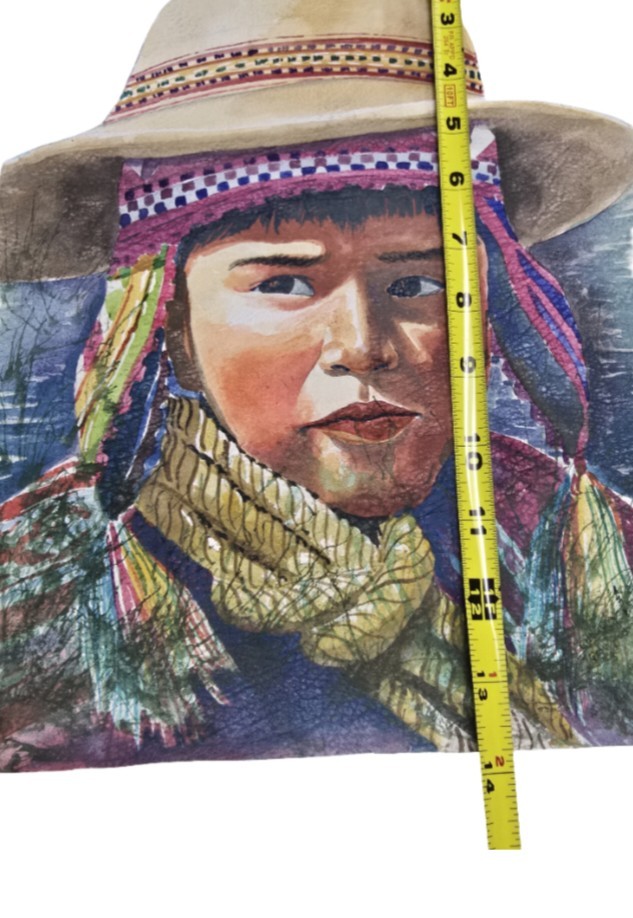 Peruvian Folk Art Watercolor Painting Child Portrait Vintage Ethnic Art