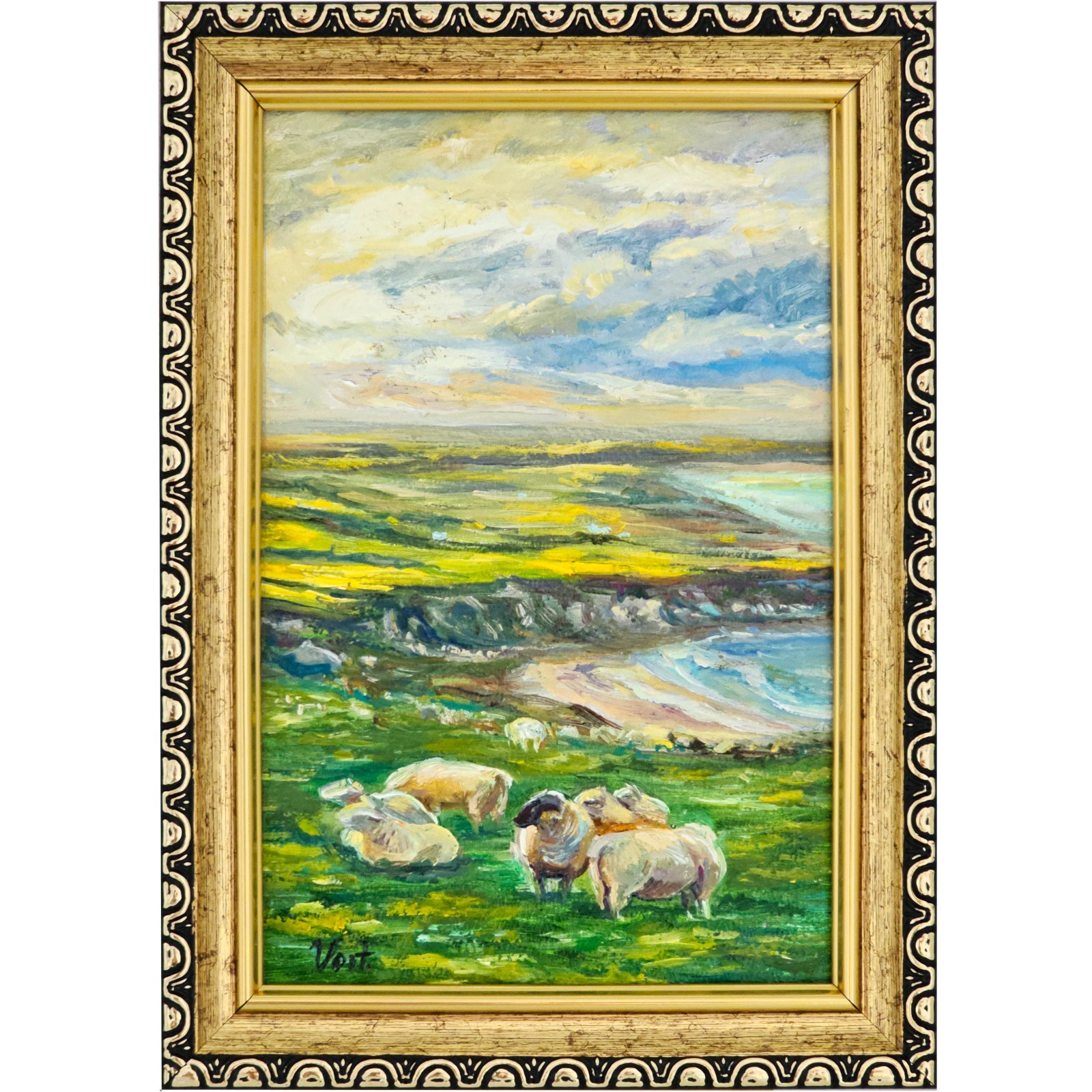 Original Oil Painting Sheep Grazing Coastal Landscape 4×6 Framed