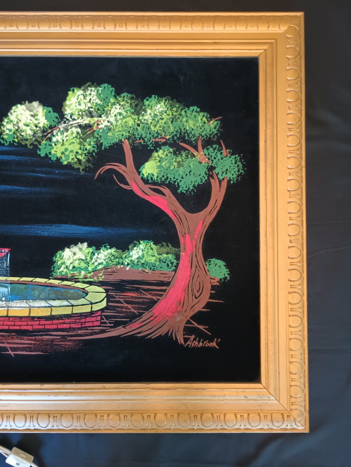 MCM Ashbrook Studios Roman Garden LIGHTED Velvet Oil Painting 23 X 45 Framed VTG