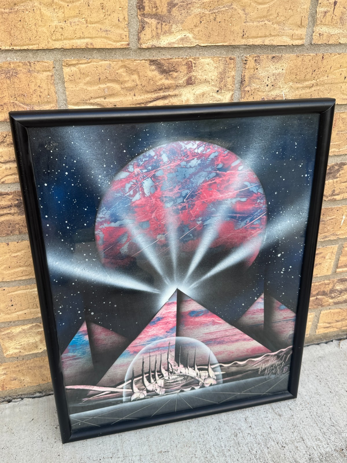Original Spray Paint Art Painting Signed Pyramids Space like Planet Framed 16×20