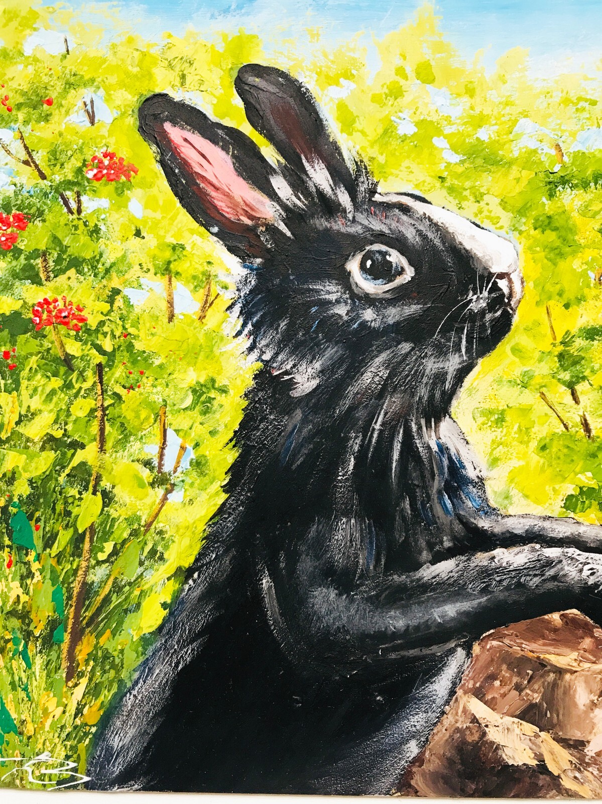 Original Art Rabbit Painting Easter Gift Black Bunny Lover Gift Figurine 9 x 12″