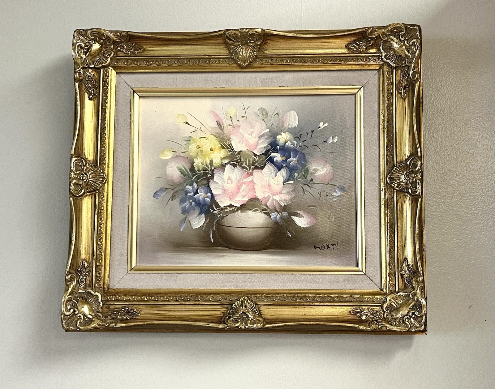 Vintage Fabulous ORIGINAL Pink Roses on Gray SIGNED Yellow Blue Floral FRAMED