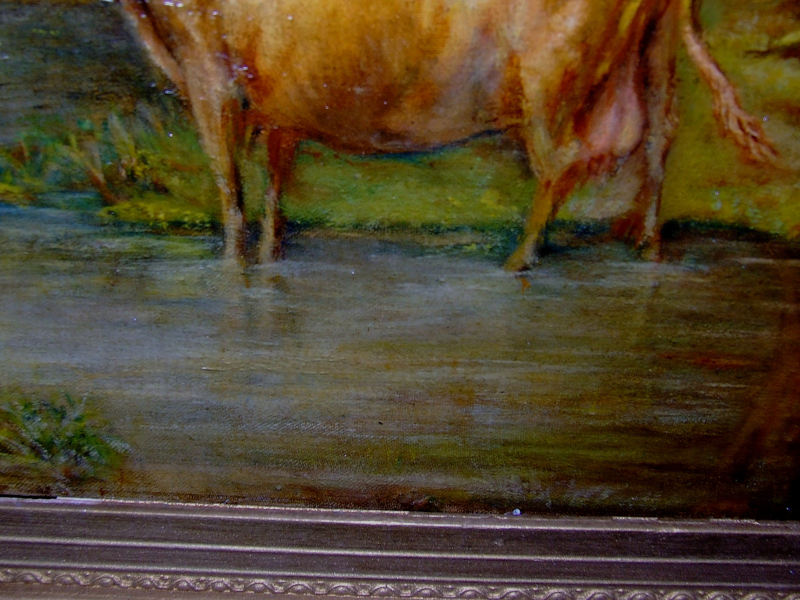 Antique 19th C. Landscape Gathering Watering Cows Oil on Board Gilt Ornate Frame