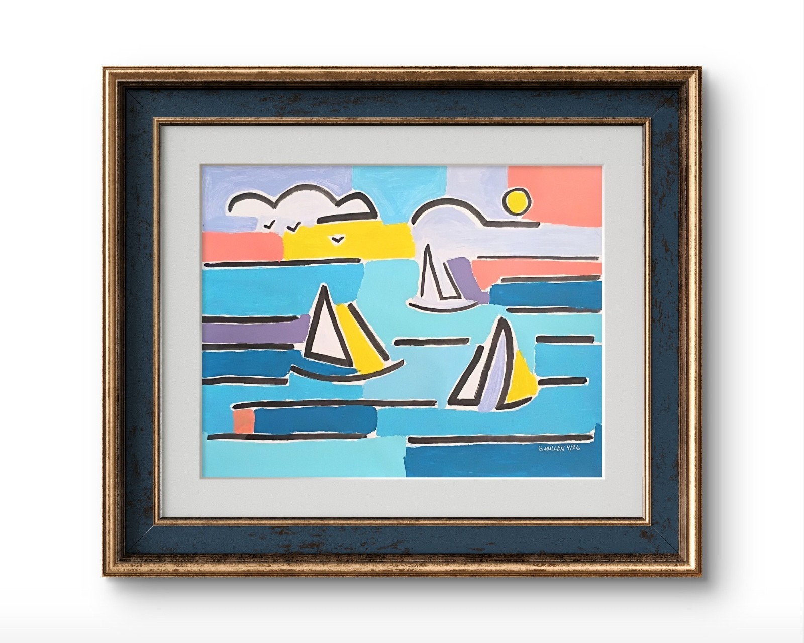 Original Blue Sailboat 14×11 Acrylic on Paper Abstract Modern Art