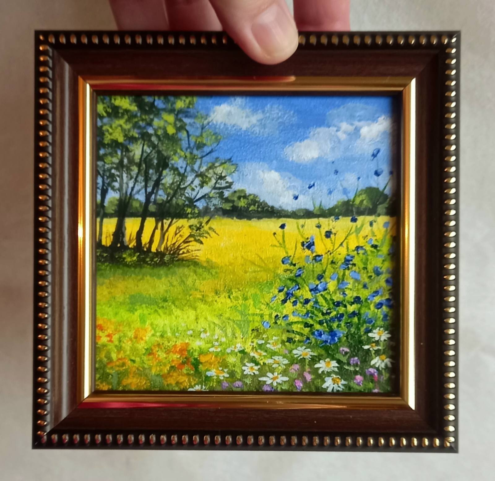 Original Oil Painting Summer Landscape Field Wildflowers Framed Art 4 x 4 in