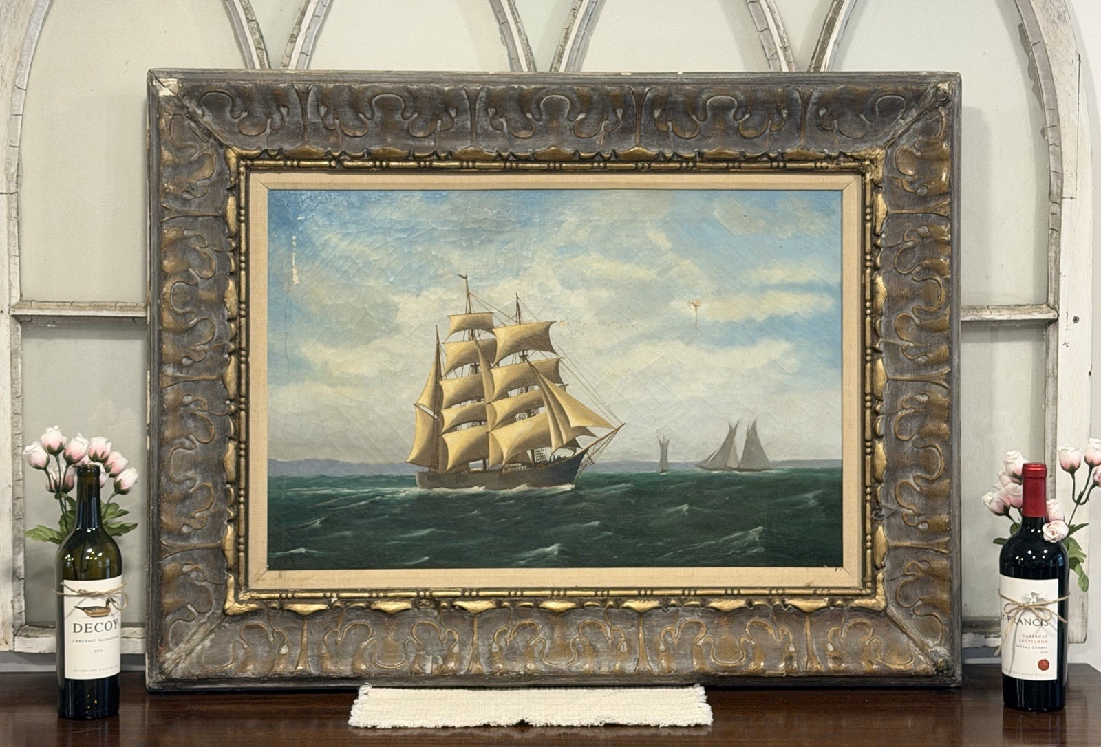 Antique Oil Painting O/C SHIPS SAILING OFF THE COAST Gesso Frame Artist Signed