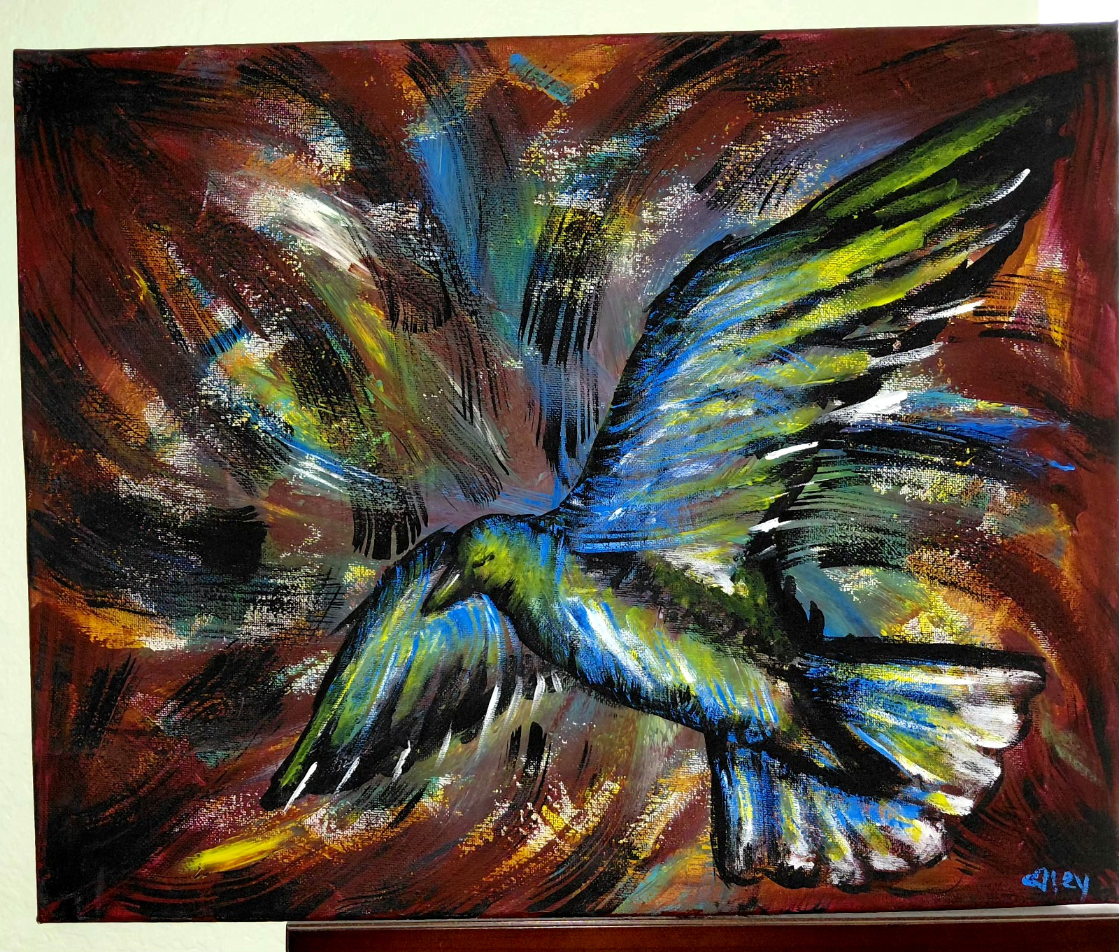 Abstract Bird Painting Expressive Wings in Flight Acrylic on Canvas Blue Green