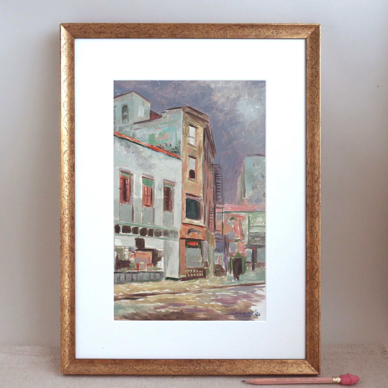 1941 Armin Landeck Painting The Bowery Cityscape Architecture NYC Millers Auto
