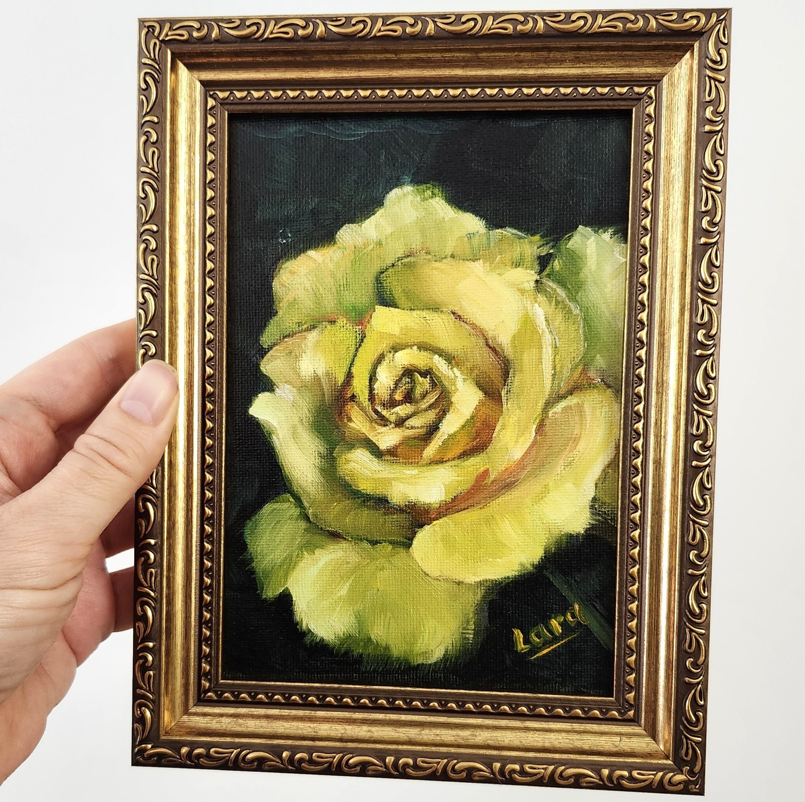 Yellow Rose Original Oil Painting 5×7 Gold Framed Signed OOAK Floral Wall Art