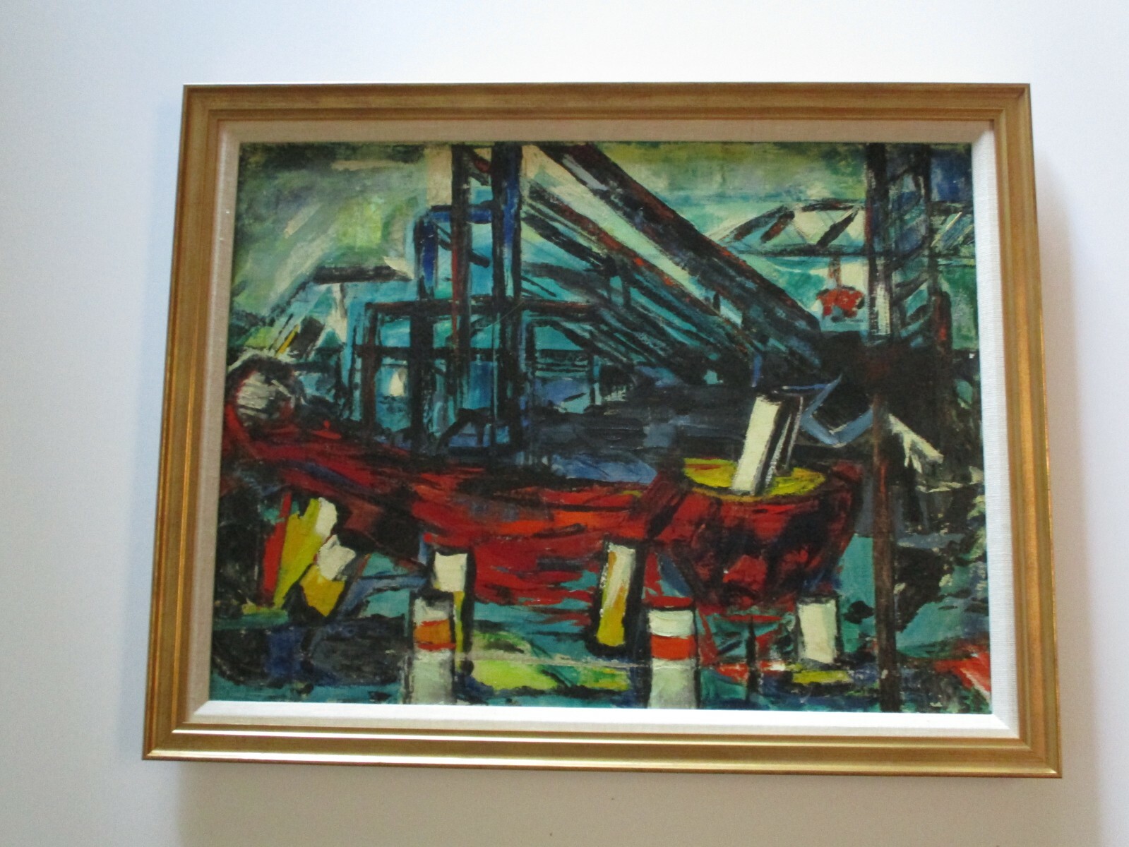 MID CENTURY PAINTING 1950’S SIGNED MYSTERY INDUSTRIAL HARBOR MARINA NAUTICAL OIL