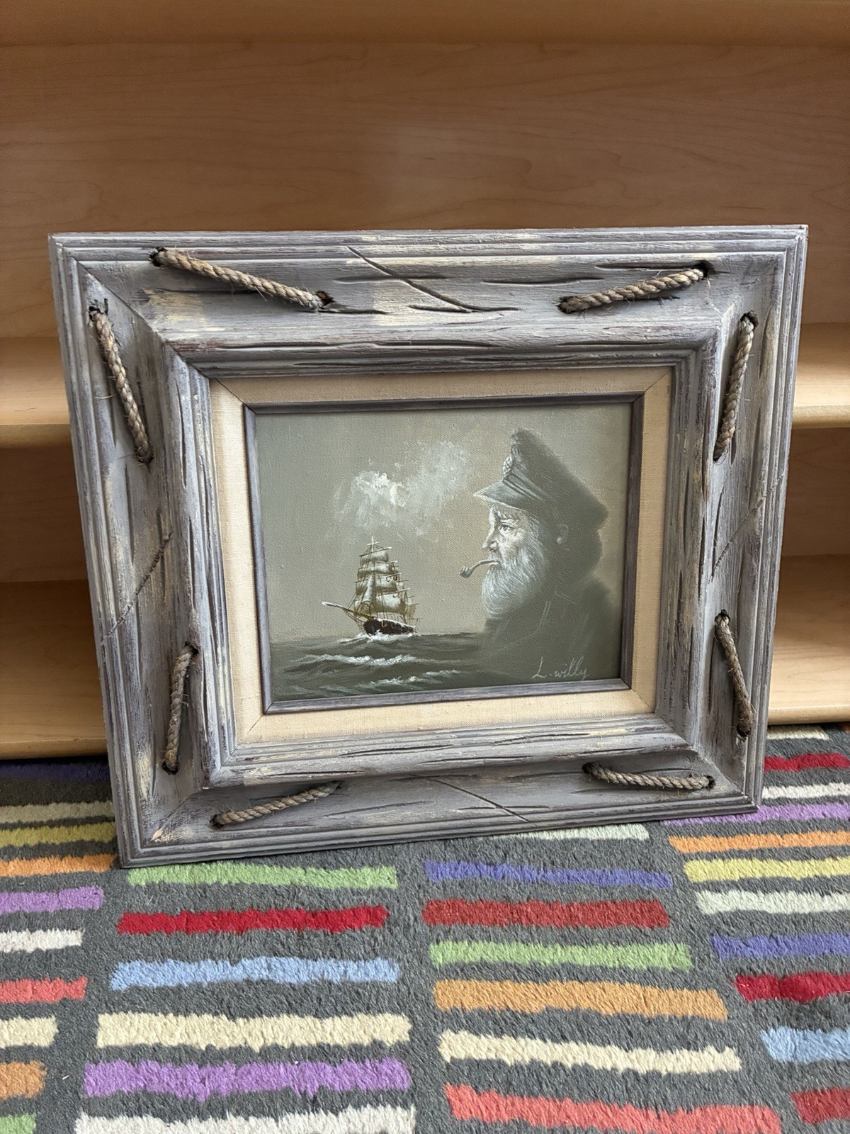 Vintage Original Sea Captain At Sea Oil Painting Rope Frame-18” X 16”-L.Willy