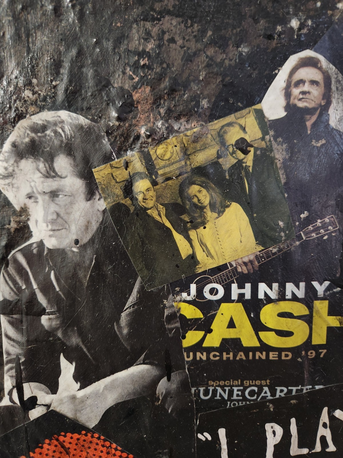 Large Johnny Cash Acrylic Canvas Collage Art. Heavily Textured & Burned! 16X20