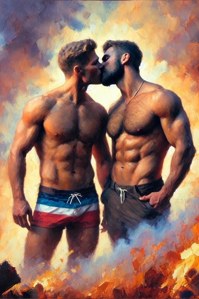 Original gay LGBTQ art painting «Burning Love» signed by the artist, Large Size