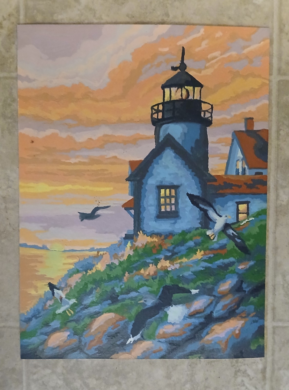 Vintage Paint By Number Nautical Lighthouse Ocean Scene Completed Painting