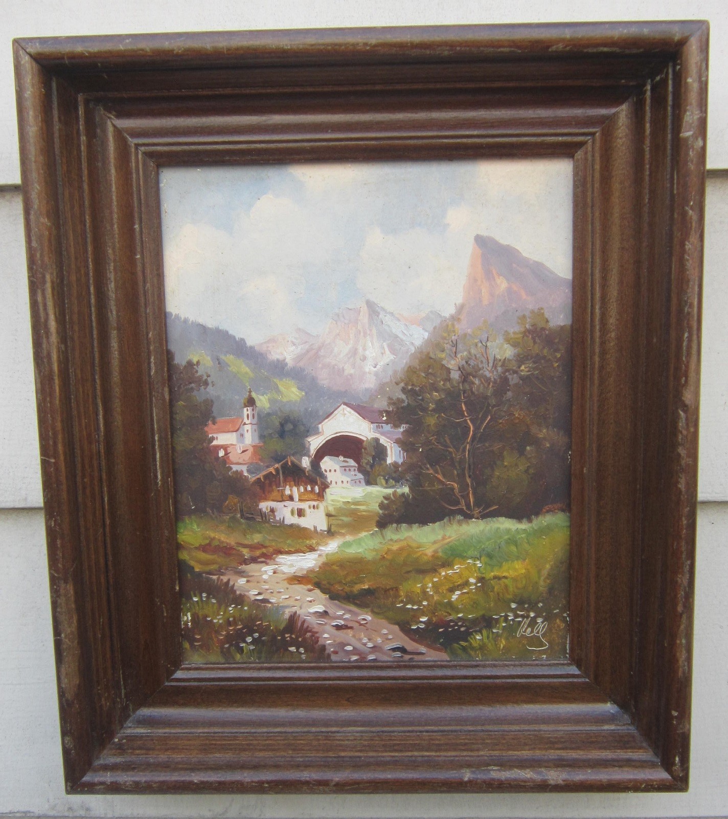 Vintage EUROPEAN MOUNTAIN VILLAGE LANDSCAPE Oil Painting 8″ x 6.5″