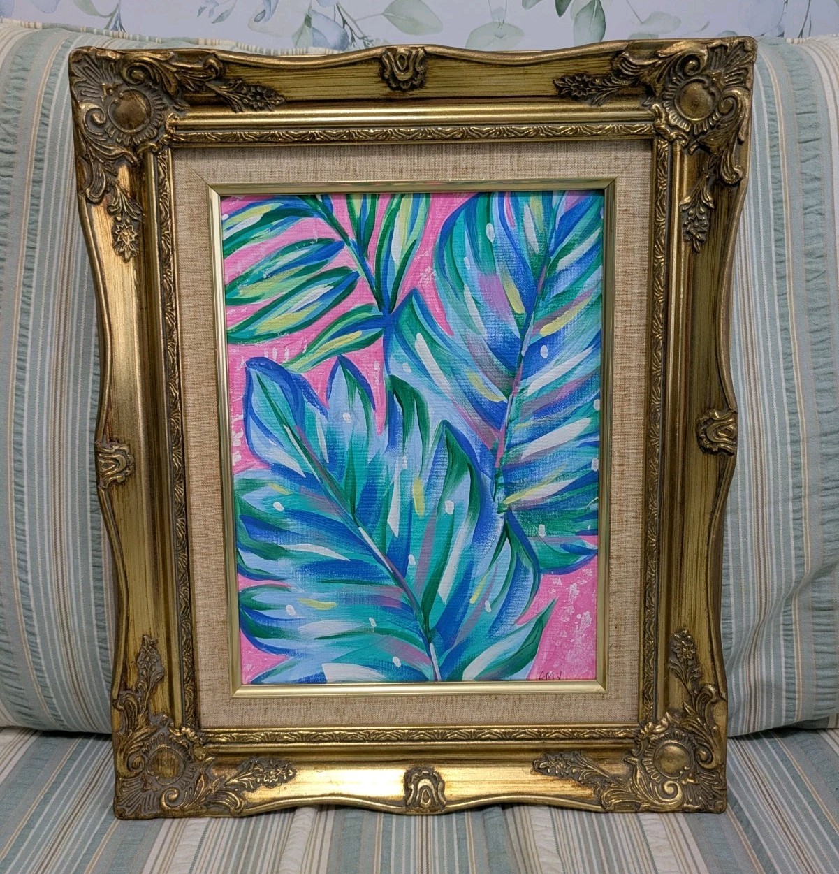 Vintage 14 X 17 Ornate Framed Original Bright Tropical Banana leaf Painting